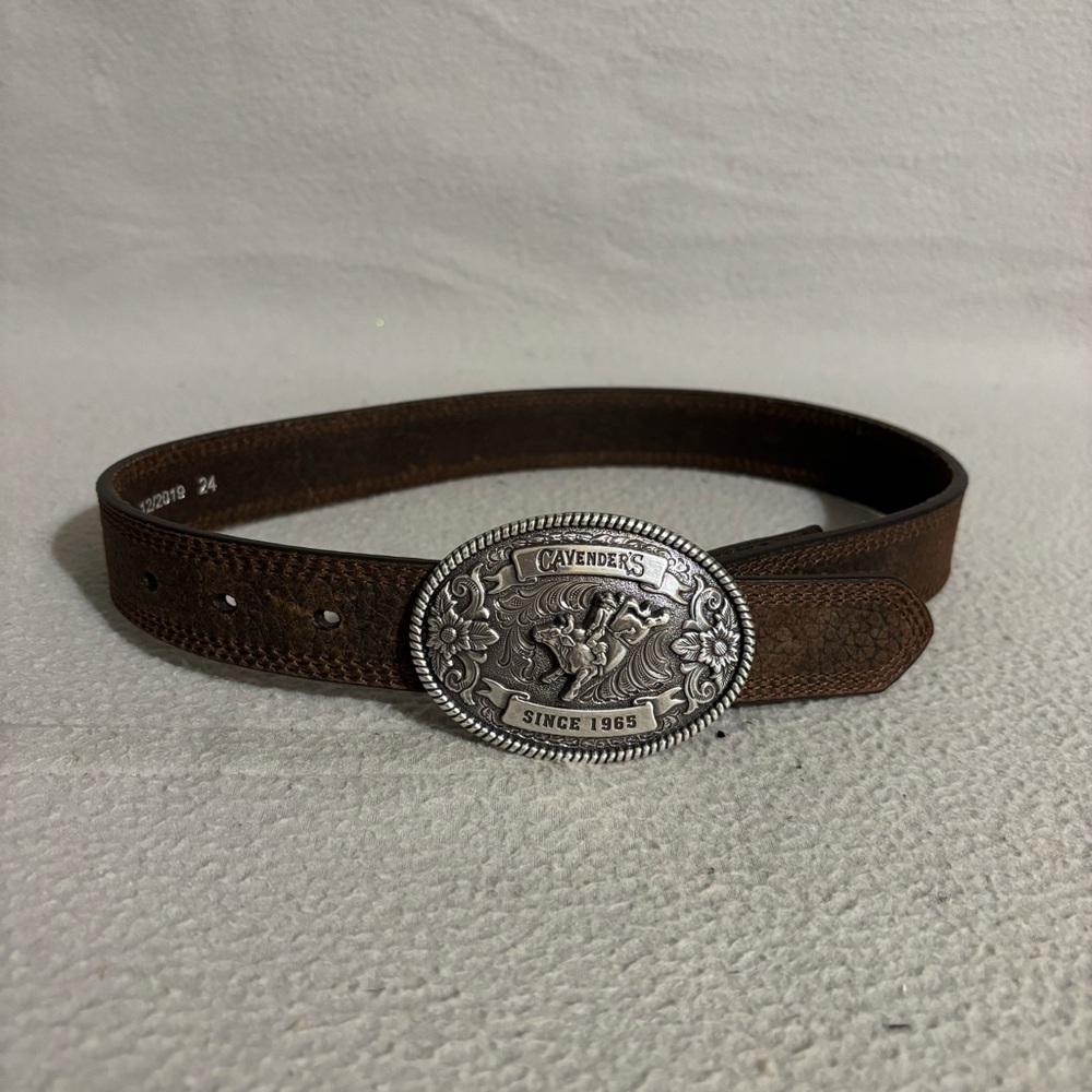 Cavenders Boys Brown Leather Western Belt with Decorative Silver Buckle size 24